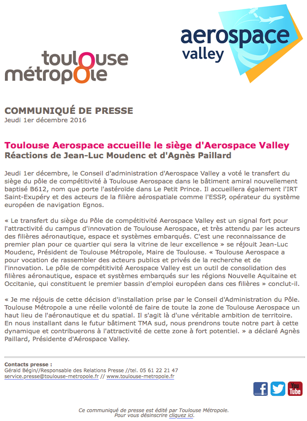 Communiqué de presse Aerospace Valley